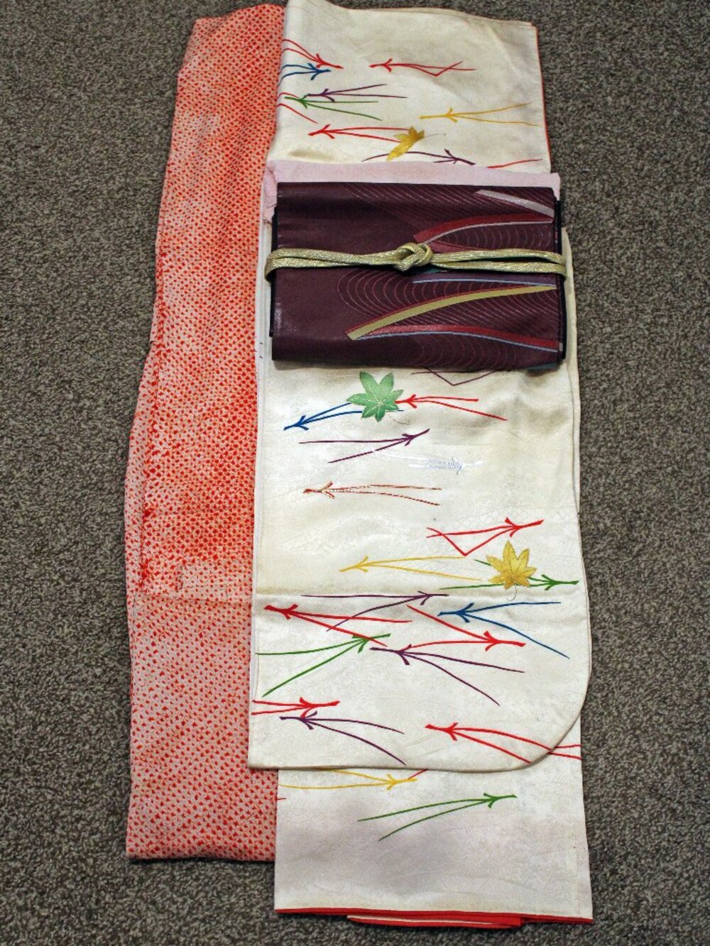 Set of 5 Maple Leaf Furisode Japanese Silk Kimono with Juban Obi Obiage Obijime